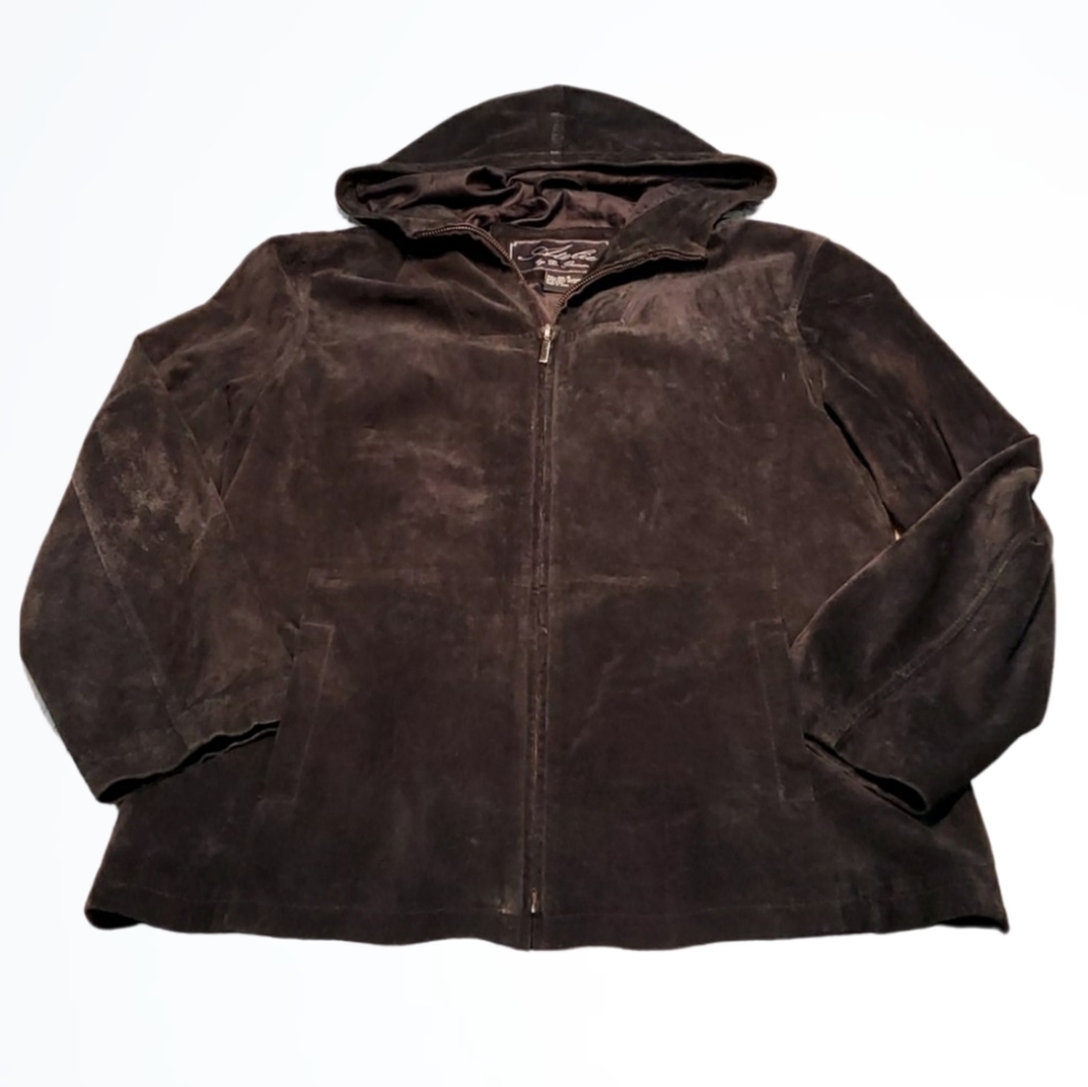 Atelier by B. Thomas Women's Black Full Zip Suede Leather Coat w Hood Size S
